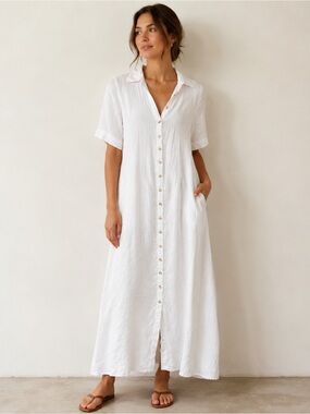 DISSH 100% Linen Shirtdress Collared Maxi Dress Oversized Flowy White US 6